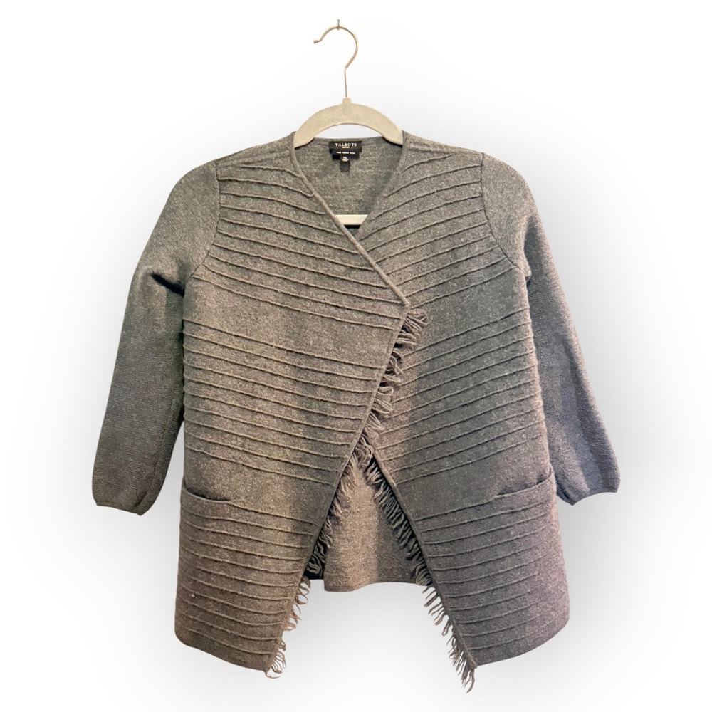 Talbots Gray Fringe Open Cardigan Sweater M Winter Cozy Capsule Academia Minimal